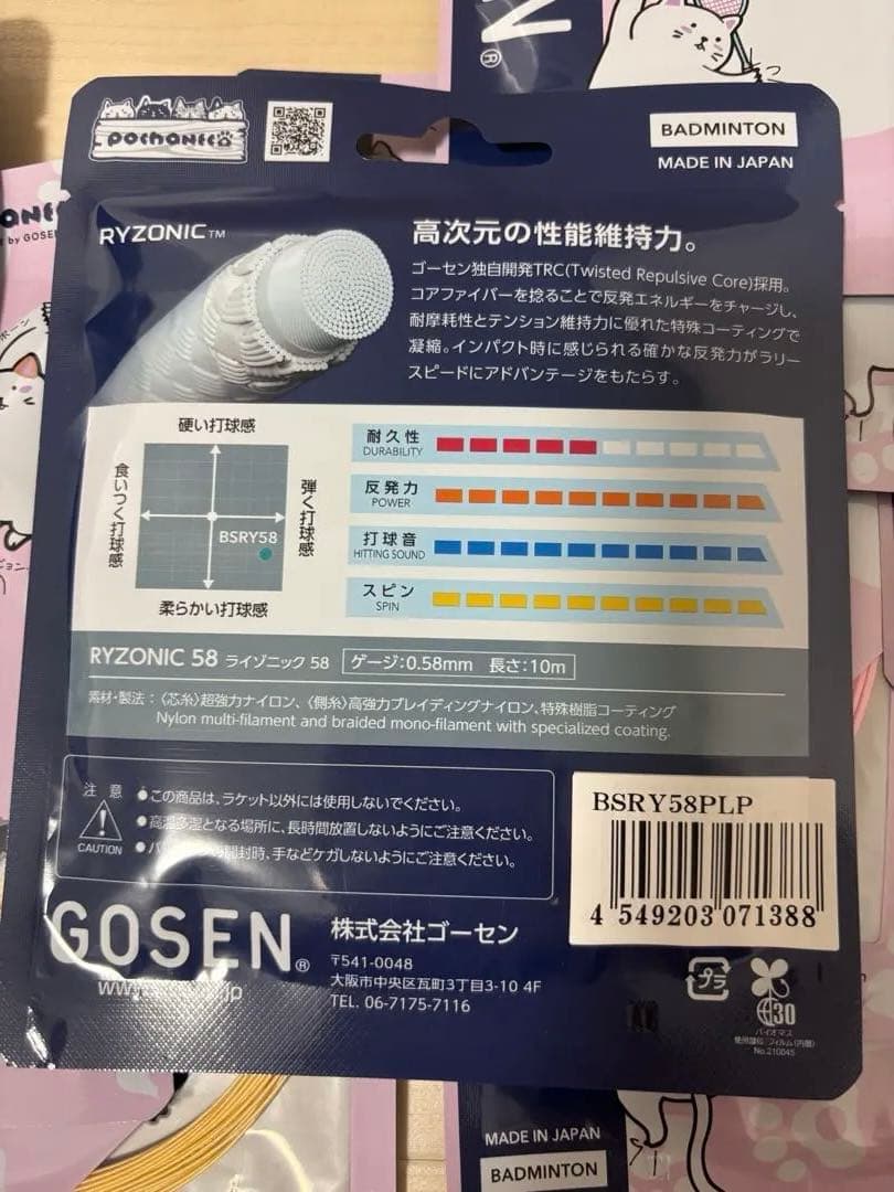 GOSEN RYZONIC 58 ぽちゃねこ バドミントンガット 3色×12袋