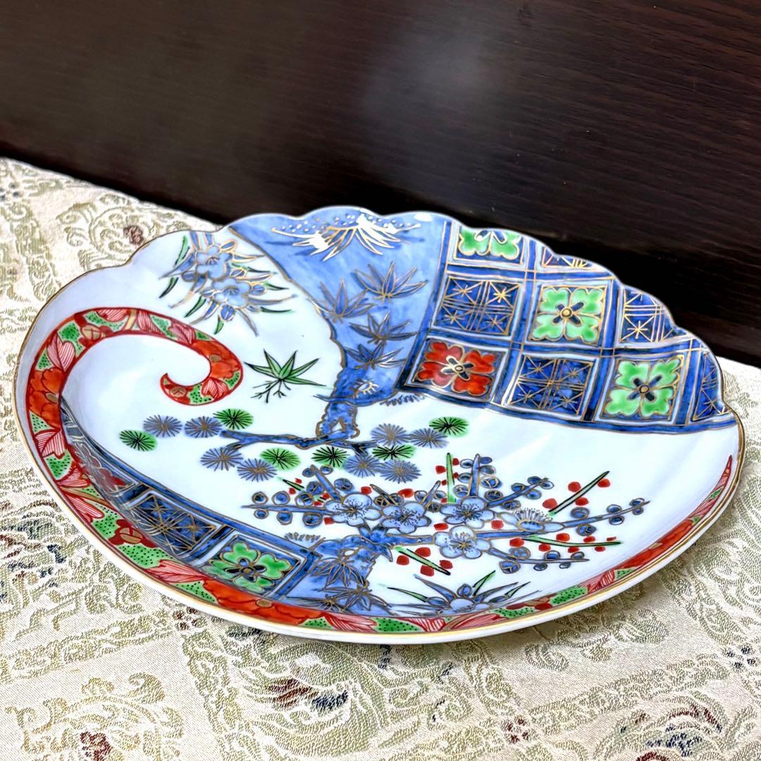 未使用保管✨九谷焼 芳岳 染錦松竹梅 鮑型 皿 単品✨中皿 皿 吉祥 松竹梅
