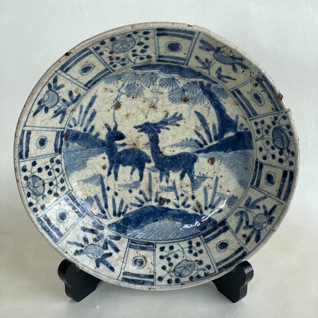 古伊万里 初期 染付 双鹿文 輪花大皿 Kraak 江戸前期 唐物 25.8cm