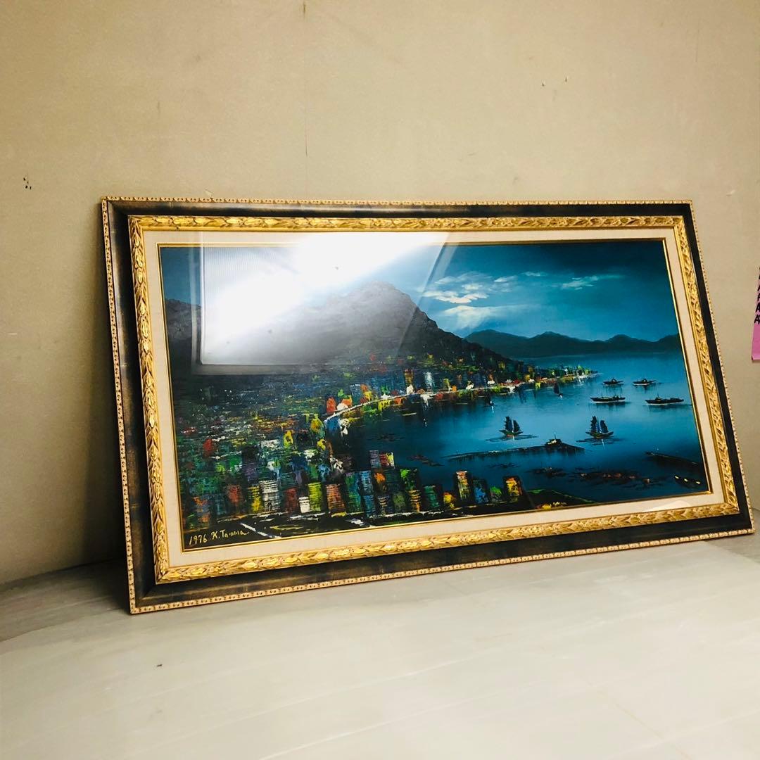 H43コレクション品✨油絵 香港 ビクトリアハーバ アンティーク インテリア