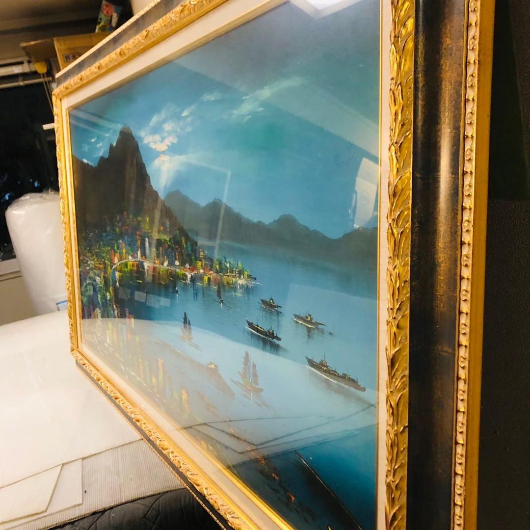H43コレクション品✨油絵 香港 ビクトリアハーバ アンティーク インテリア