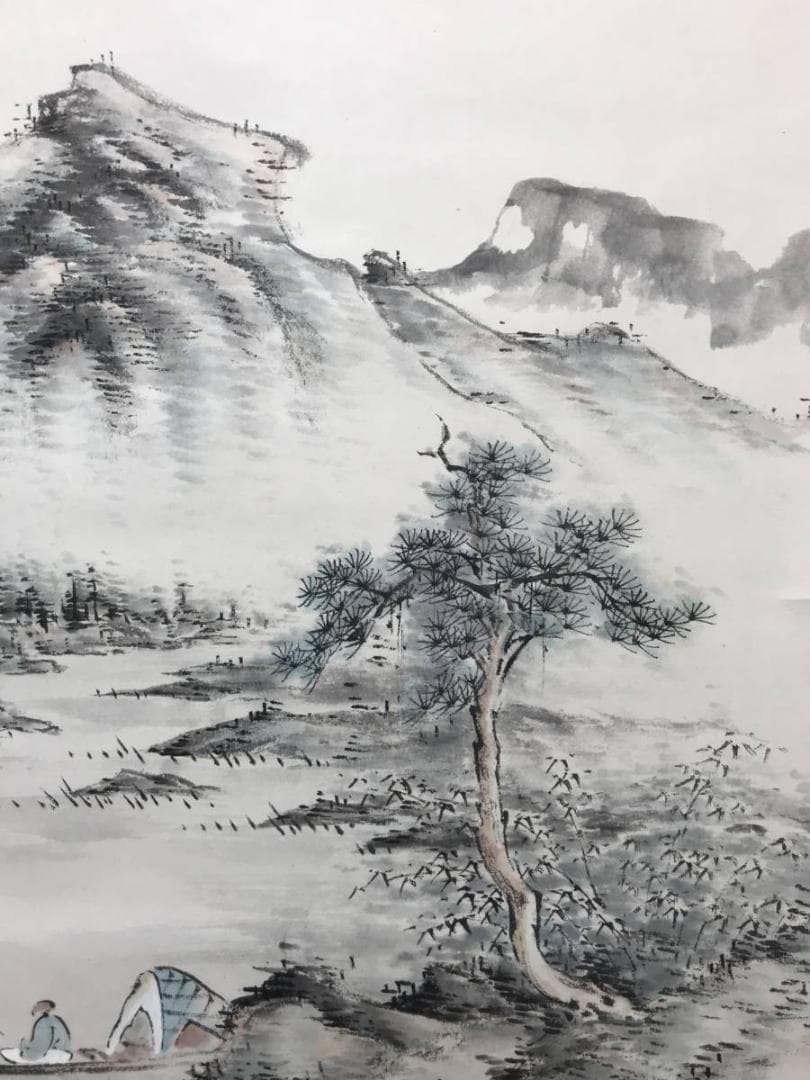 【真作】華英/山湖釣舟画賛/山水図/横物/掛軸/名家伝来/AC-750