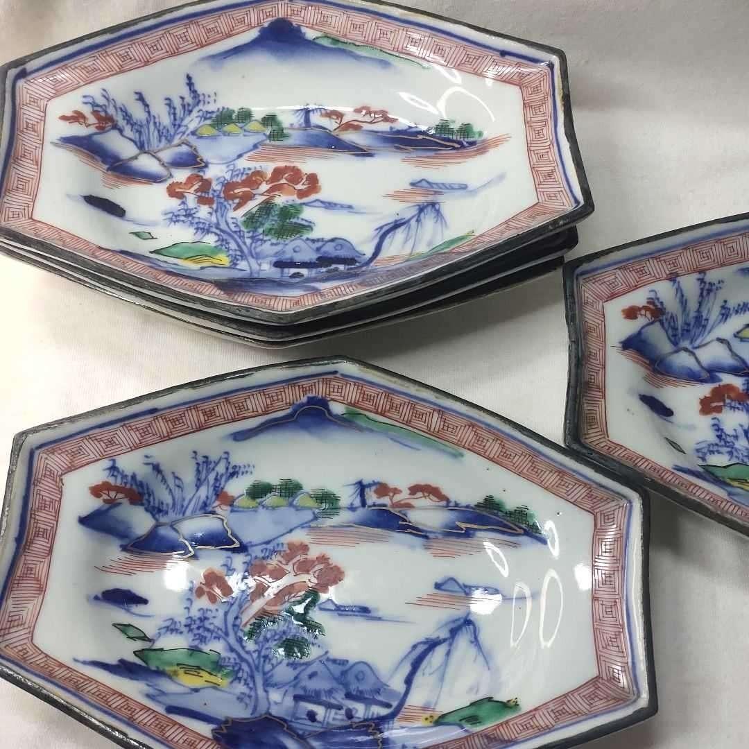 九谷焼六角皿 明治骨董 色絵 染付山水図 手描き陶芸品