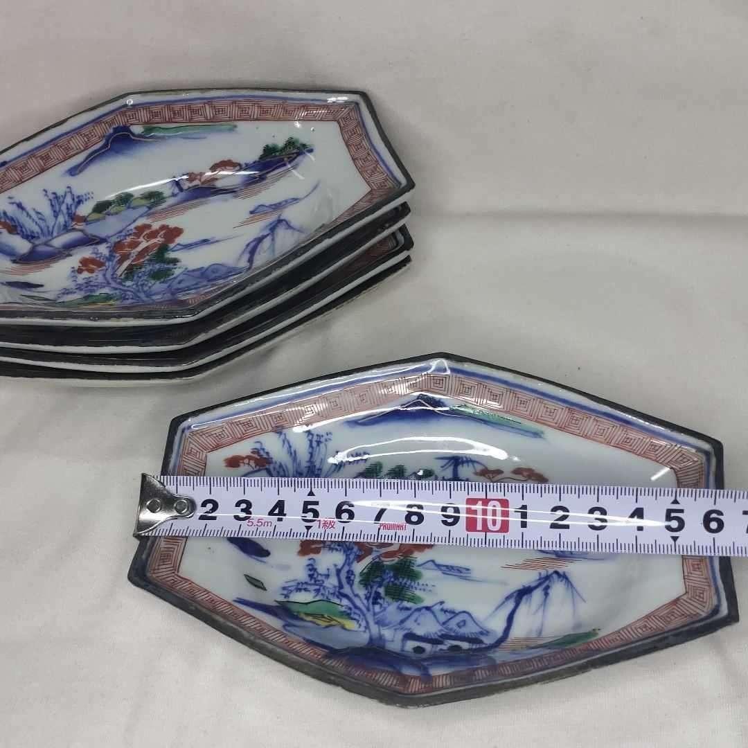 九谷焼六角皿 明治骨董 色絵 染付山水図 手描き陶芸品