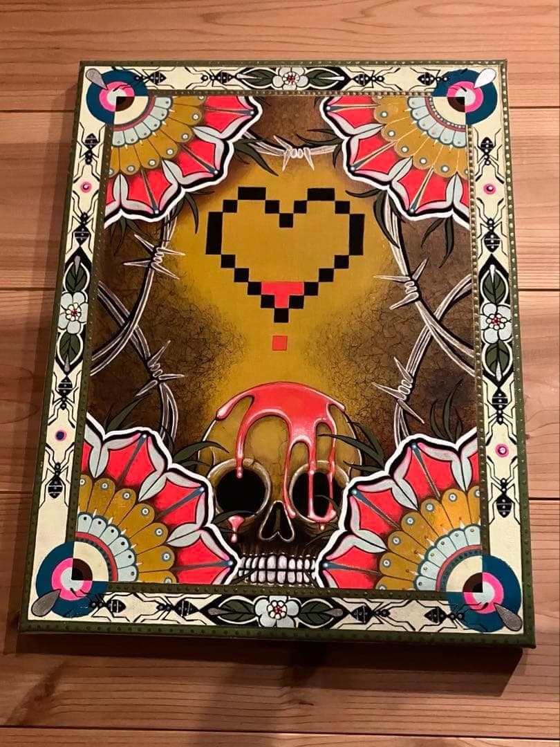 現代アート 油彩画 肉筆 一点物 スカル ピクセルハート F6号相当 ガレージ