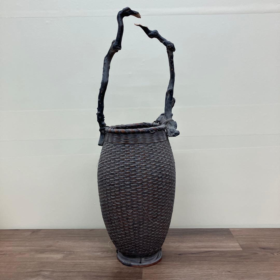 A-3【骨董】天然木ハンドル 竹編み花器 落とし付き 華道 茶道具 飾り籠