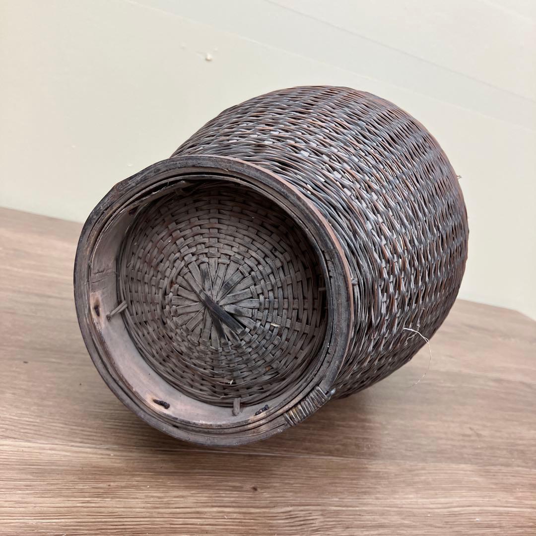 A-3【骨董】天然木ハンドル 竹編み花器 落とし付き 華道 茶道具 飾り籠