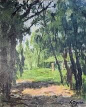 【真作】絵画　油彩8号　水之公園　風景画　洋画　木々の静けさ　印象派風　W40