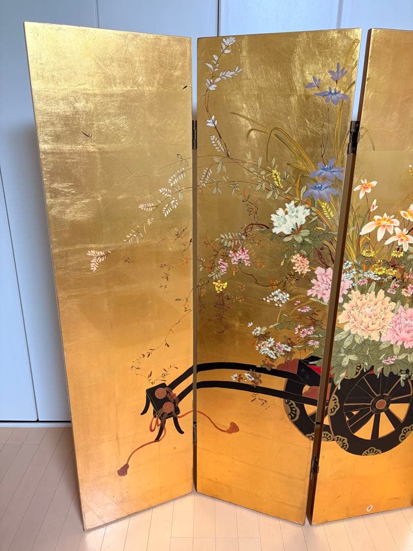 金屏風　金箔　花車　四つ折り　4曲　パーテーション　衝立