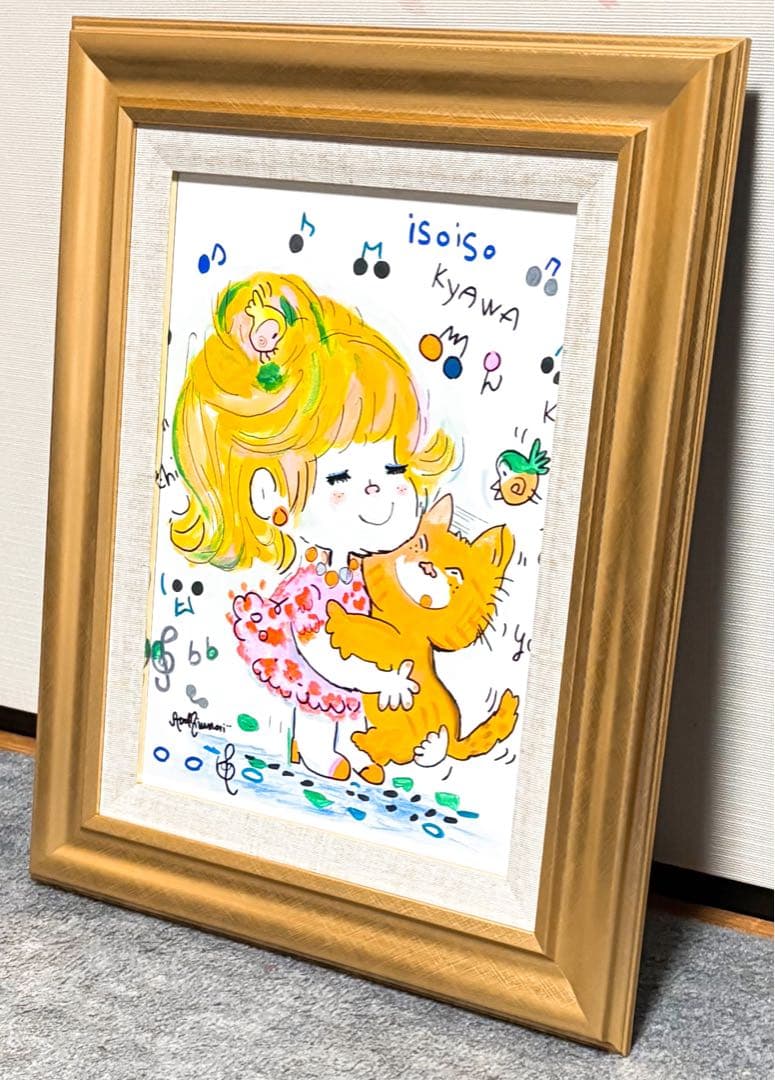 【F4号】手描き油彩　水森亜土　額縁　新品額　サイン　絵画　女の子　猫　人気作品