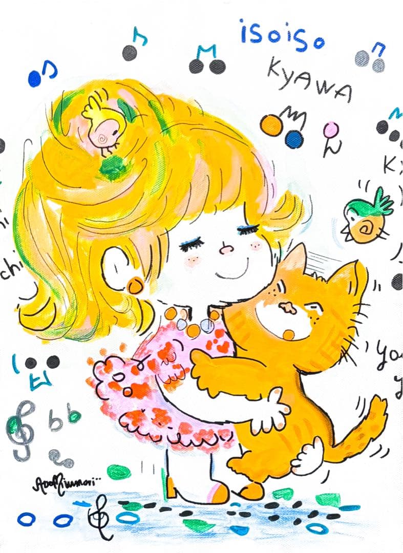 【F4号】手描き油彩　水森亜土　額縁　新品額　サイン　絵画　女の子　猫　人気作品
