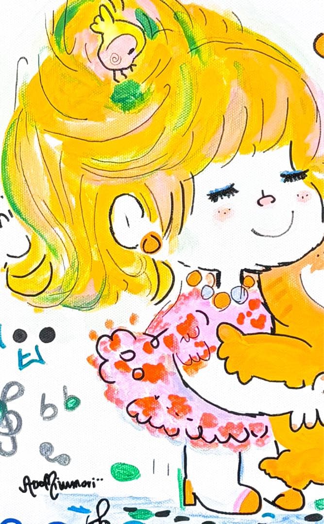 【F4号】手描き油彩　水森亜土　額縁　新品額　サイン　絵画　女の子　猫　人気作品
