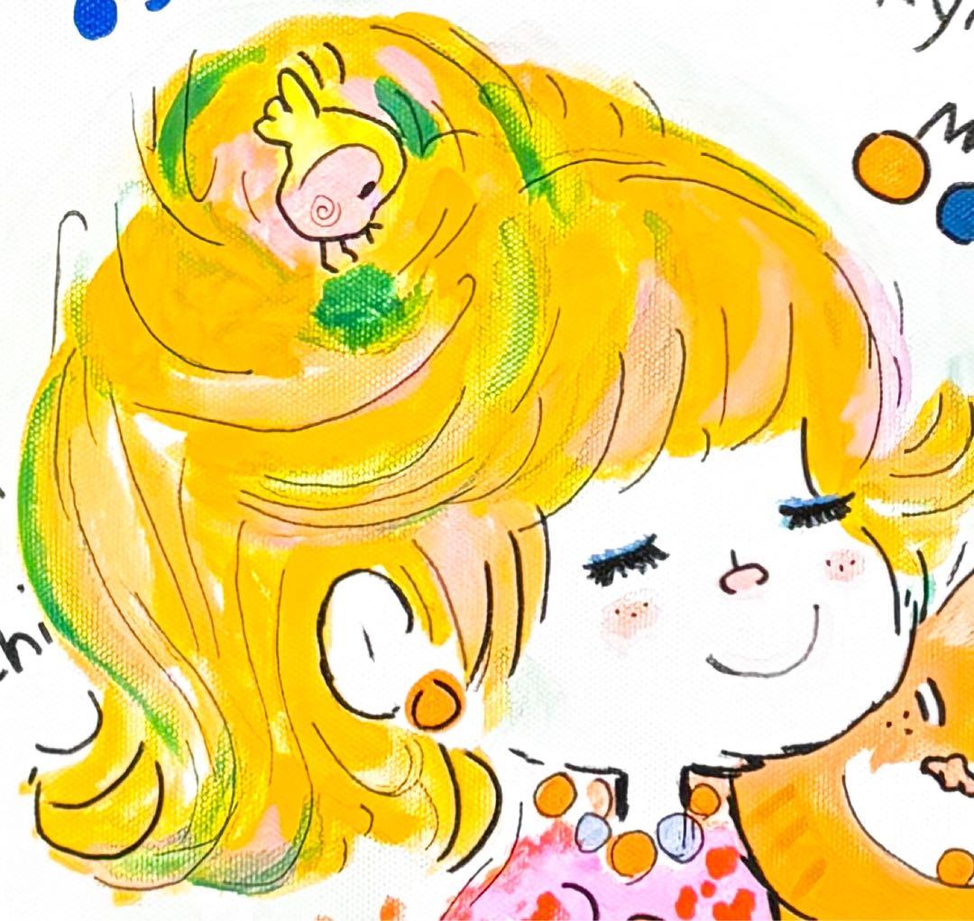 【F4号】手描き油彩　水森亜土　額縁　新品額　サイン　絵画　女の子　猫　人気作品
