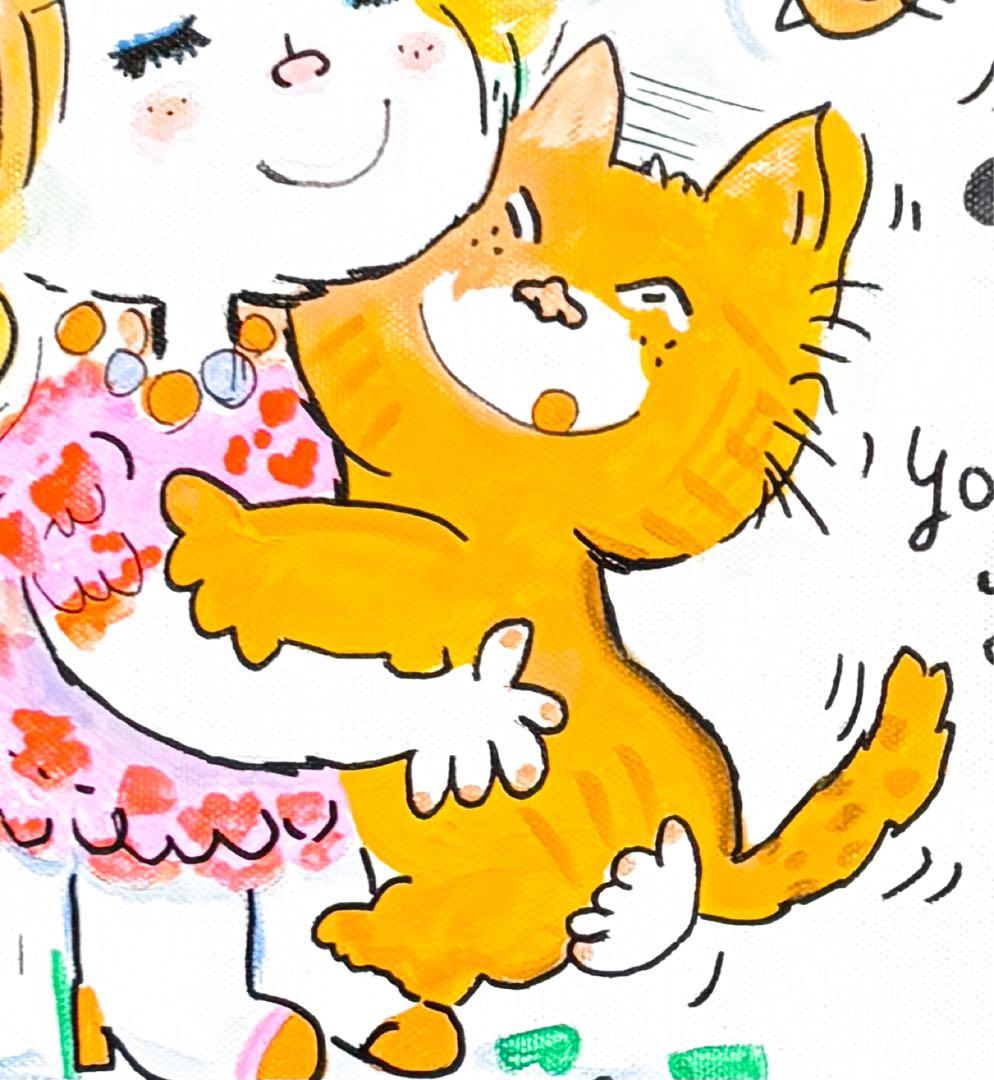 【F4号】手描き油彩　水森亜土　額縁　新品額　サイン　絵画　女の子　猫　人気作品