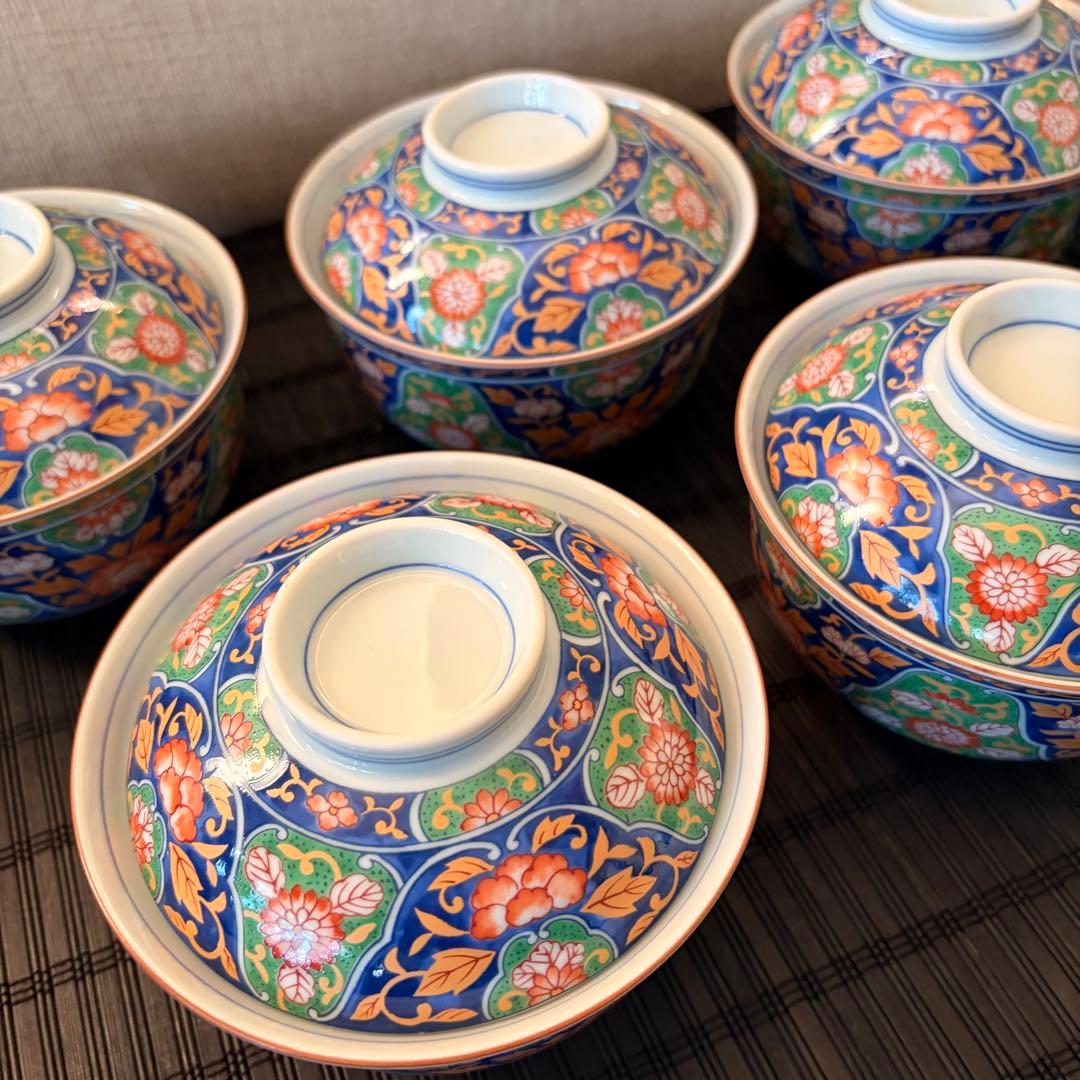 【未使用品】前畑陶器 庫山窯 錦古調 蓋付き 多用椀 雑煮椀 丼椀 飯椀 5客