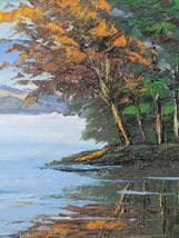 【真作】絵画　油彩SM　猪苗代　秋の彩りと山並み　静かな湖と紅葉の木々　Y195