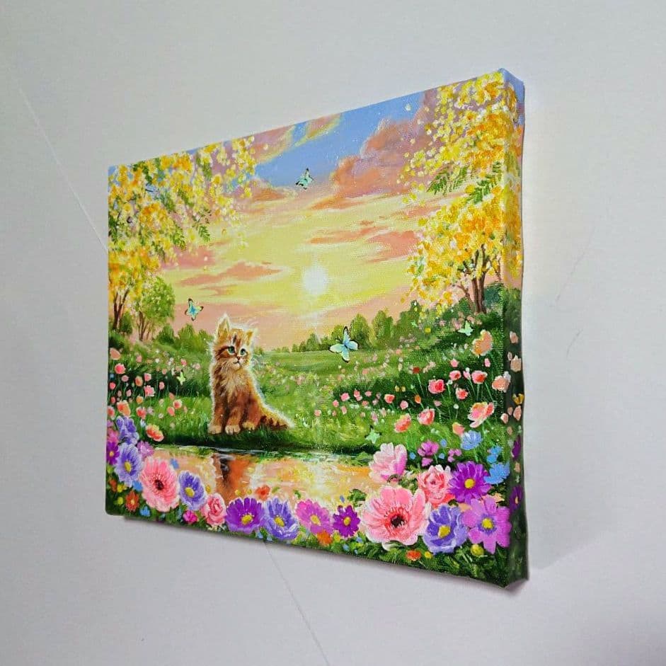 【春の夕空】アクリル画 F3 風景画 絵画