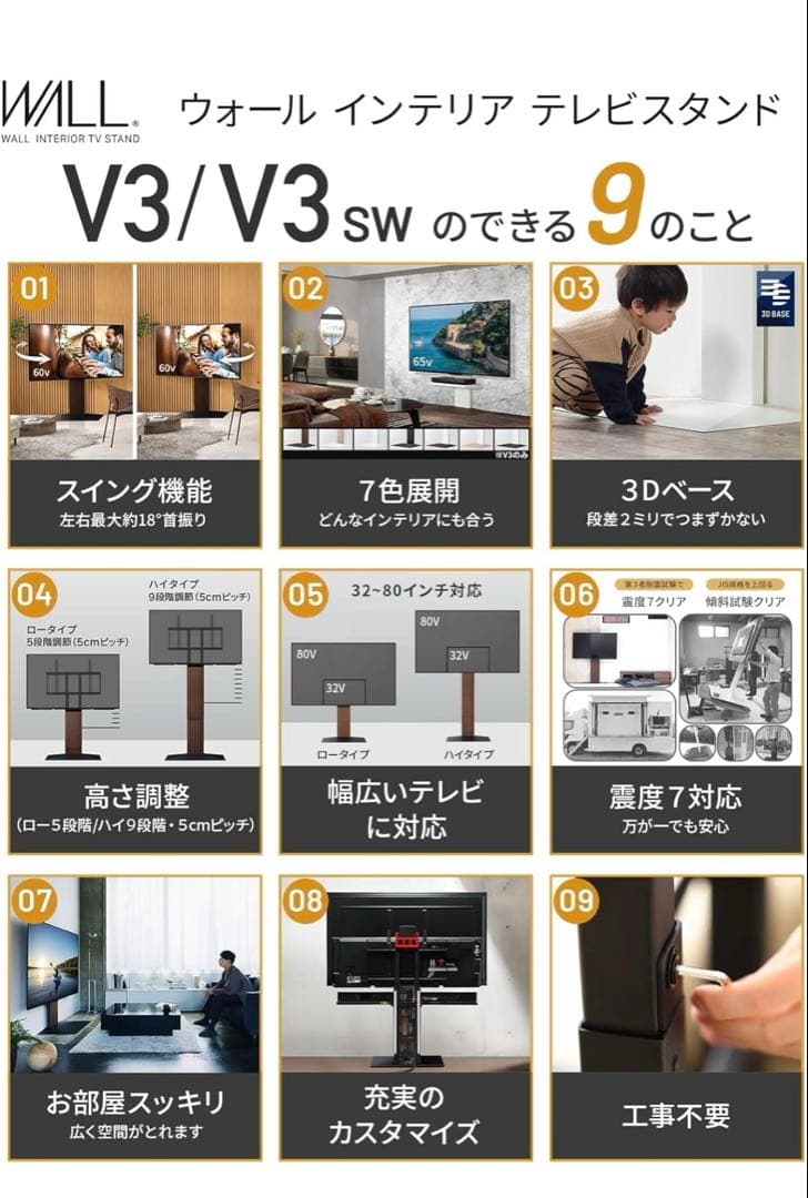 【美品】首振り機能テレビスタンドWALL V3 SW ハイタイプ　セット
