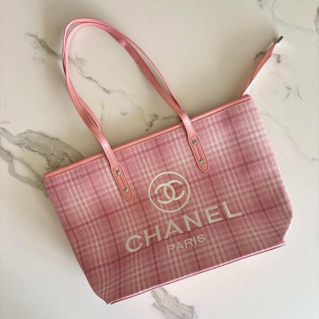 CHANEL ノベルティ トートバッグ ピンク キャンバス生地 チェック柄