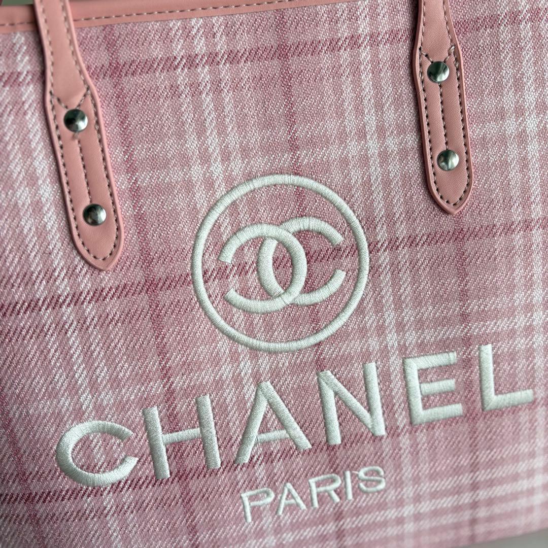 CHANEL ノベルティ トートバッグ ピンク キャンバス生地 チェック柄