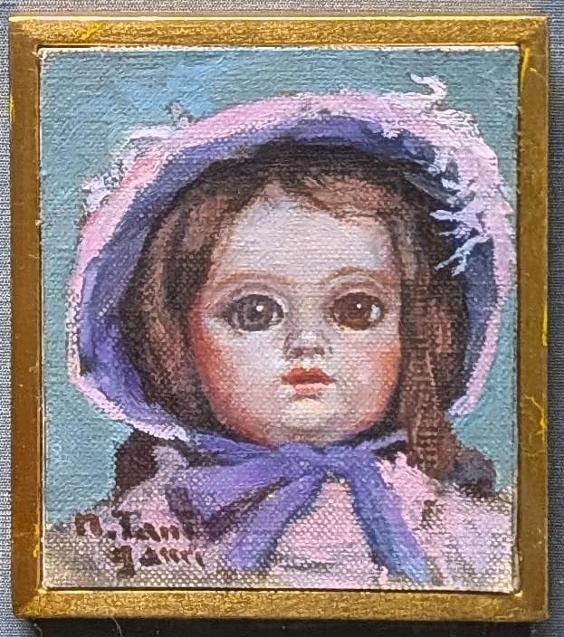 谷上信博 　花飾りの帽子　　ミニチュア絵画　　油彩 直筆サイン 　真作