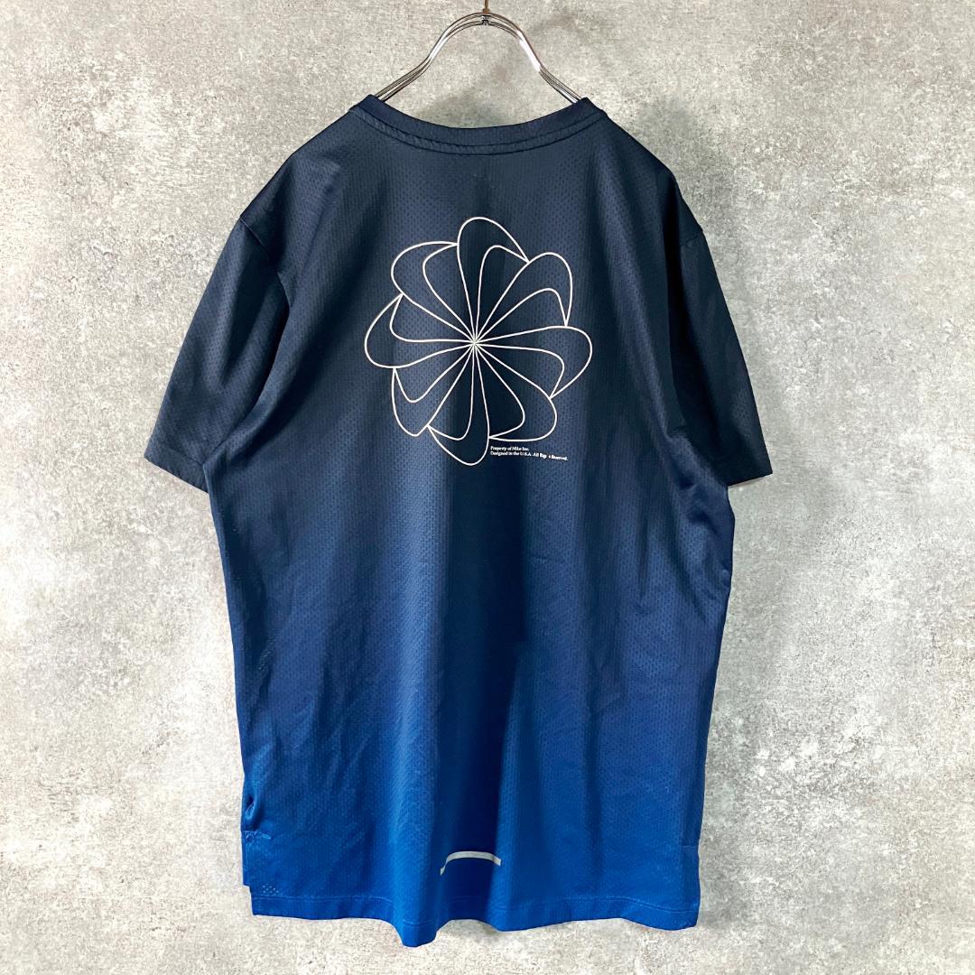 NIKE　ランニングシャツ　半袖　ブルー　メッシュ　プリント　DRI-FIT