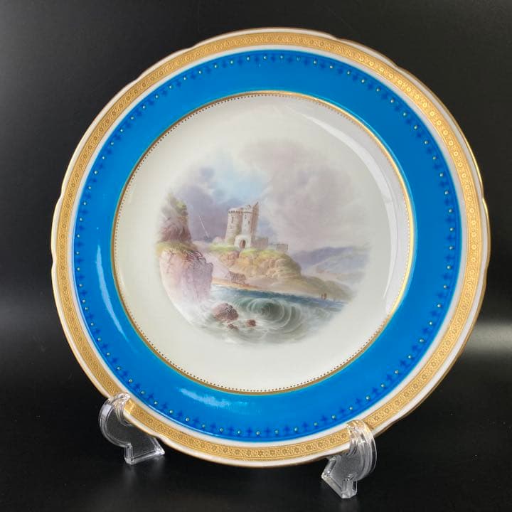 ミントン　ターコイズブルー　古城風景絵図飾皿　エナメル七宝金彩 プレート 大皿
