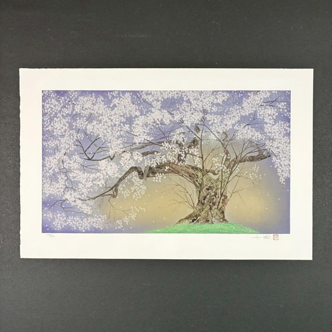 中島千波「深幽山桜」シルクスクリーン 直筆サイン・落款有 証明シール有 名画