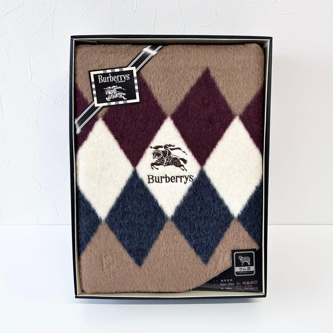 新品 未使用 Burberrys アーガイル柄 純毛毛布 ラム混