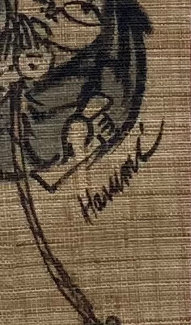 B157s  掛軸「歓喜童子と鈴」治海画　麻布　彩墨画　箱無し　寒山拾得