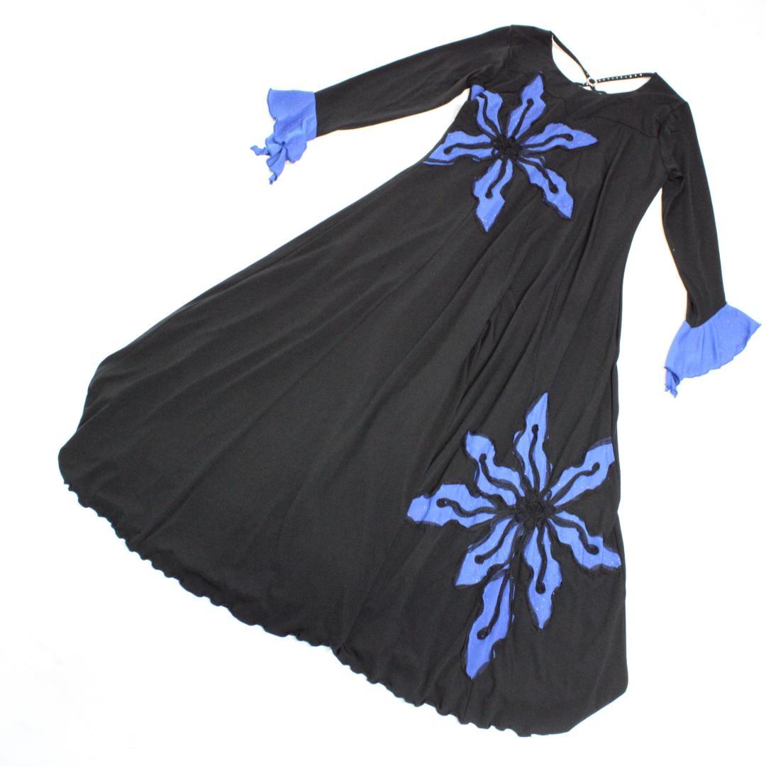 【美品 社交ダンス衣装】ワンピース ドレス un×Ⅱ 青 黒 花柄 かわいい