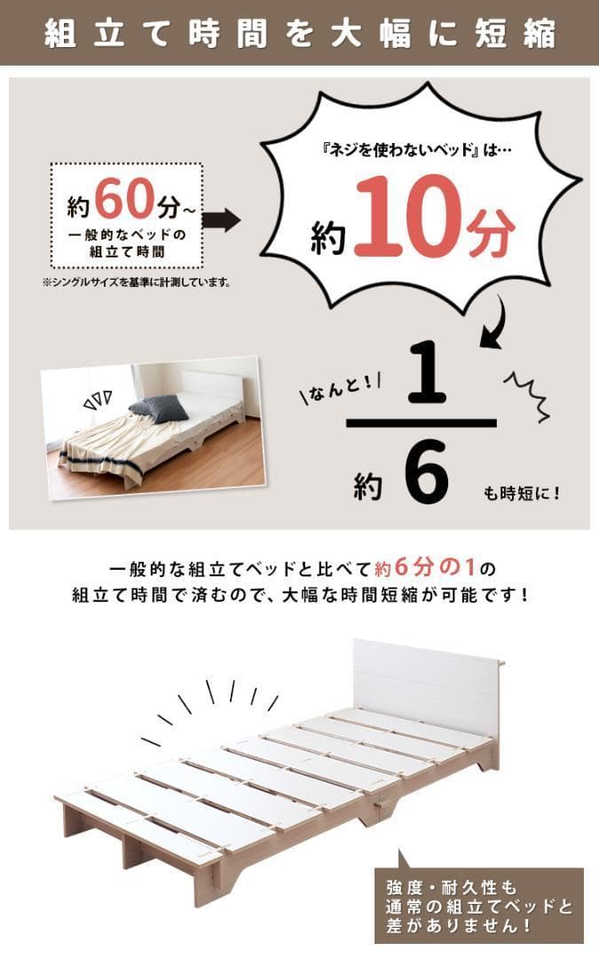 簡単10分組立てネジ不要！すのこベッド　セミダブル【一年保証付】