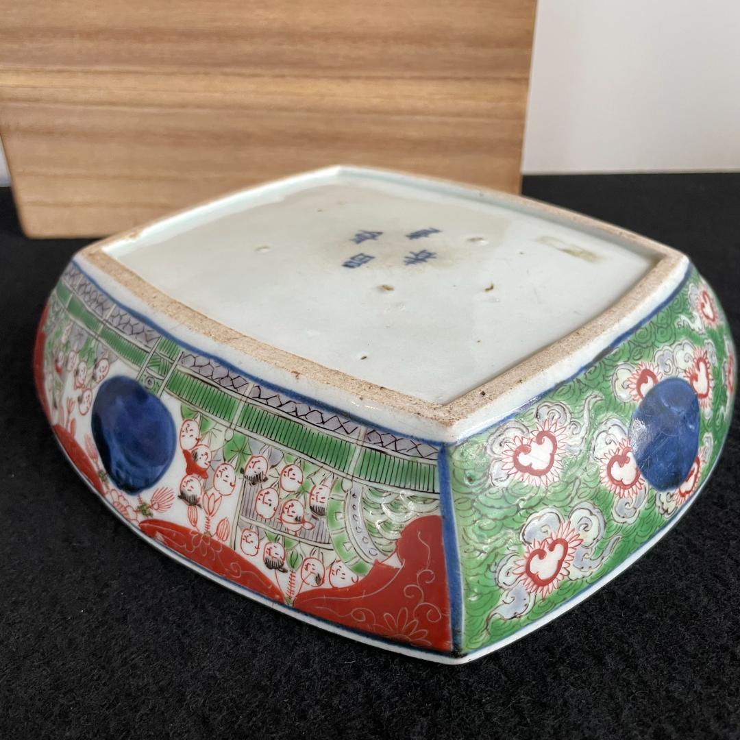 極上 明治 大聖寺伊万里 金襴手 四方鉢 鳳凰唐人図 富貴長春銘 完品 盛鉢