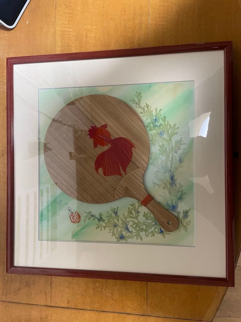 金魚の水彩画 木製扇子アート