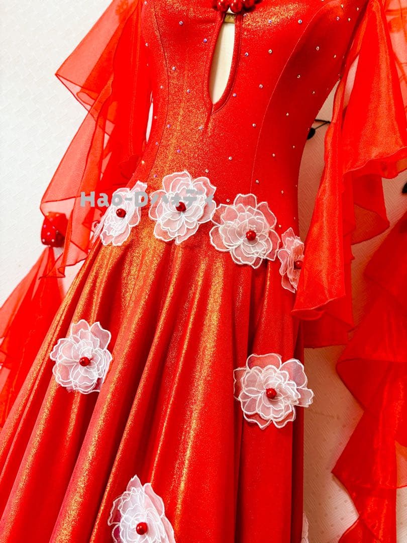 新品★ダンスドレス★スタンダード★社交ダンス★競技会★パーティー★オレンジレッド