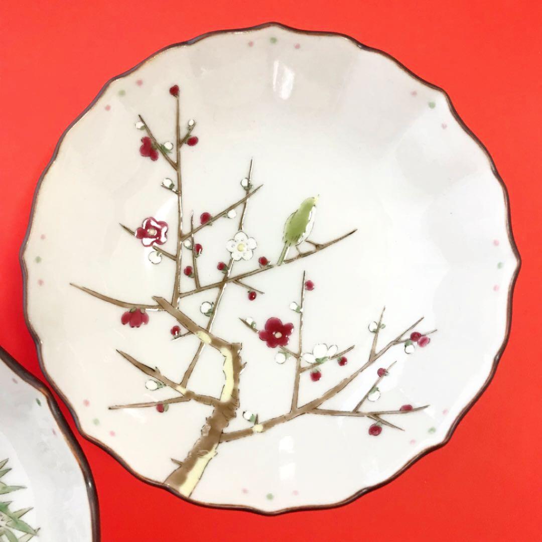未使用美品✨九谷焼 美山 3.8号 花鳥絵変わり 小鉢 2客 ② 梅 竹 小鳥