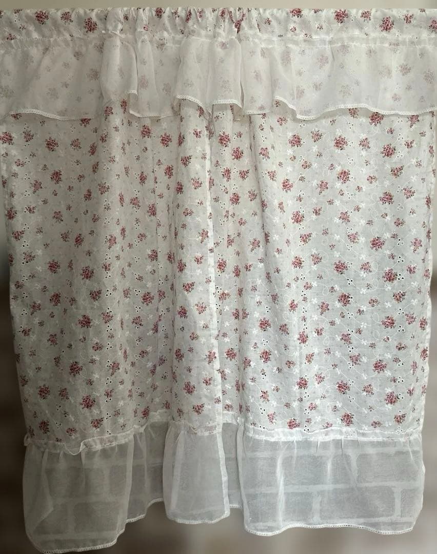 刺繍コットンカフェカーテン♡♡ピンクローズ