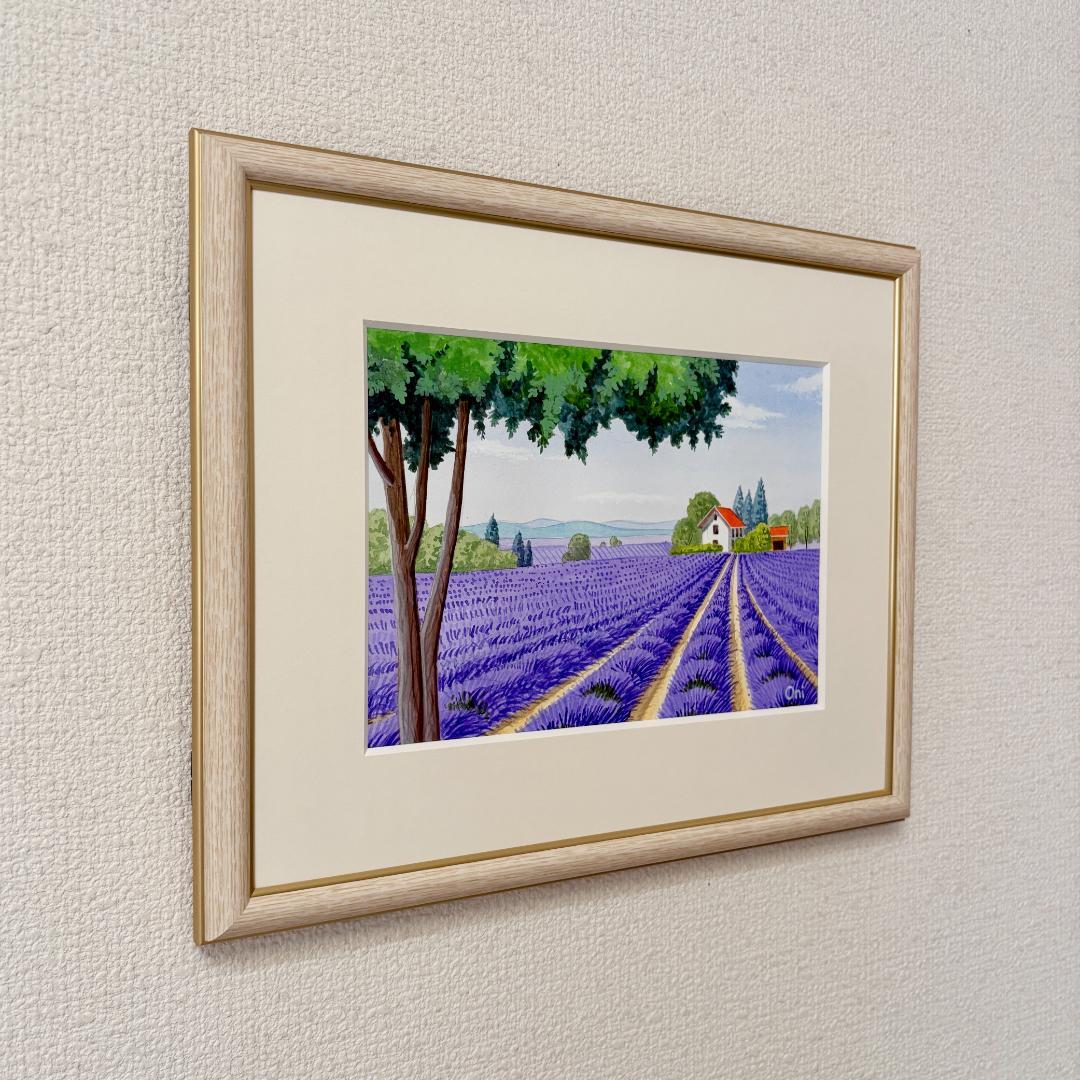 アクリル画　原画　「ラベンダー畑12」額縁付　SMサイズ　風景画