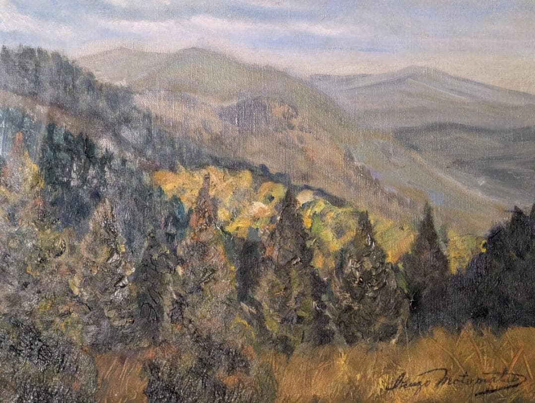 【真作】絵画　油彩6号　静寂の山景　穏やかな光が包む油彩風景画　Z173