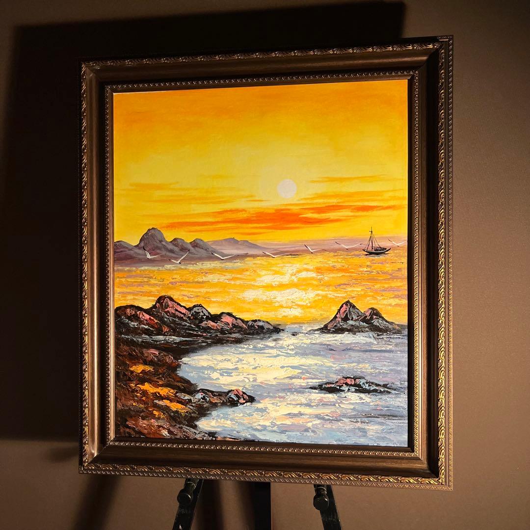 手書き油絵 sun rise 日の出 額付き インテリア 油彩画