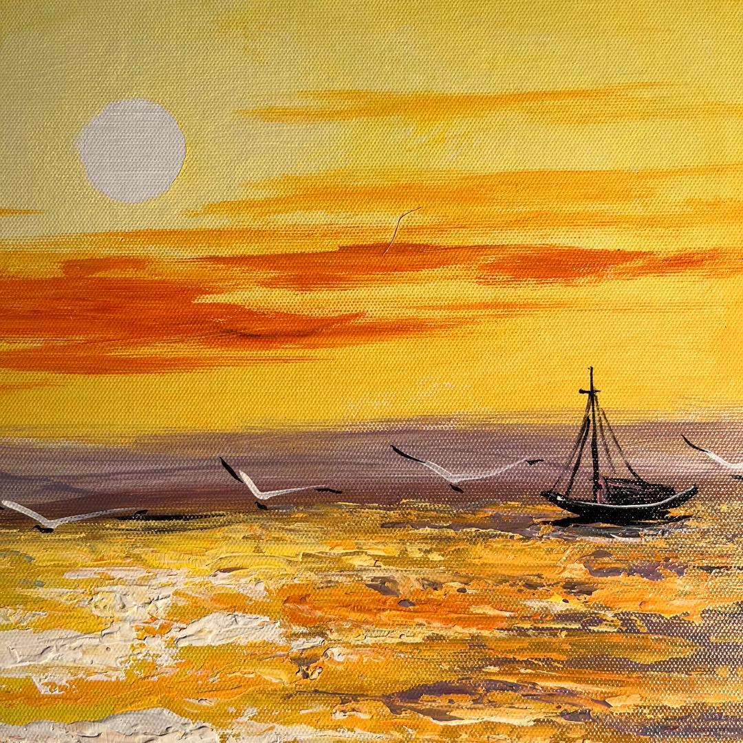 手書き油絵 sun rise 日の出 額付き インテリア 油彩画
