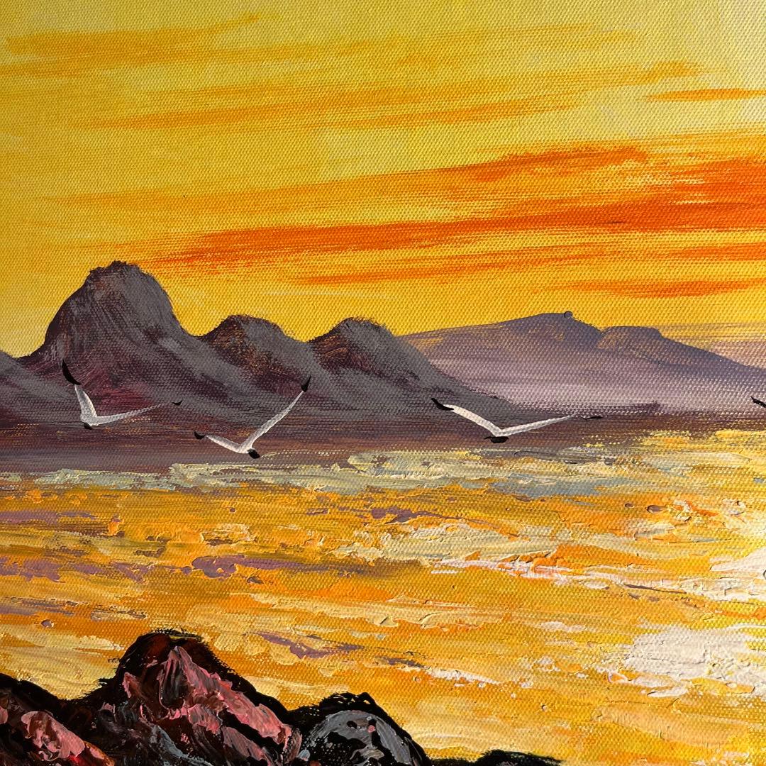 手書き油絵 sun rise 日の出 額付き インテリア 油彩画