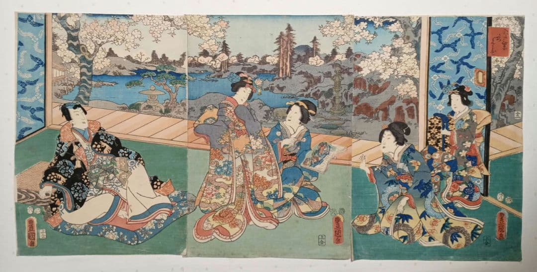 浮世絵版画、江戸紫姿くらべ（十二)三枚綴り三代歌川豊国画、安政4年出版