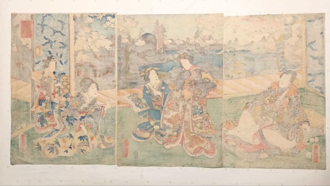 浮世絵版画、江戸紫姿くらべ（十二)三枚綴り三代歌川豊国画、安政4年出版