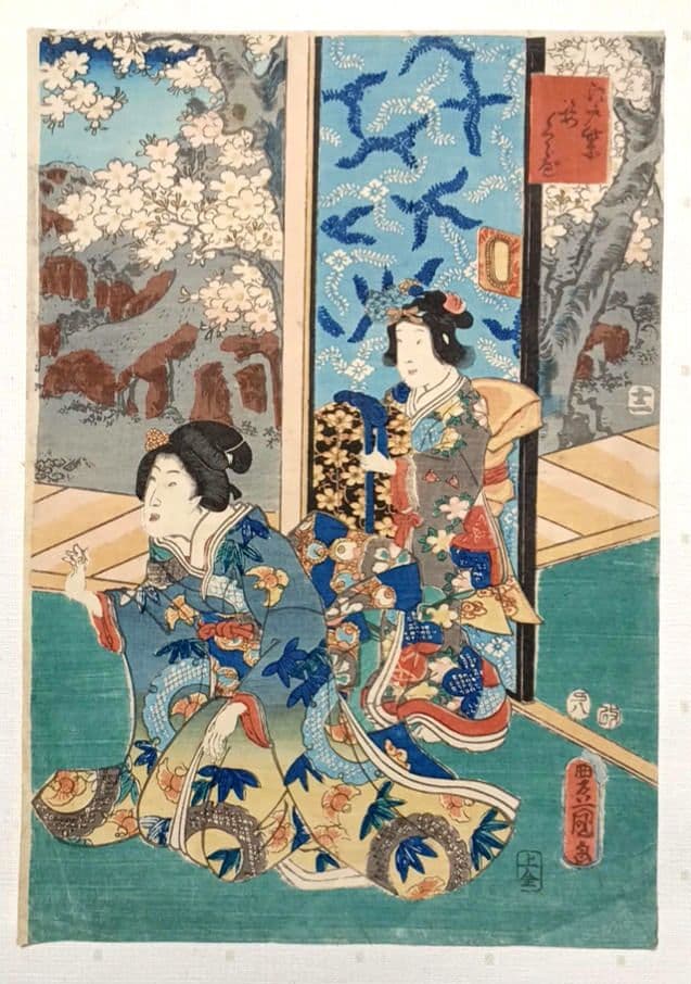 浮世絵版画、江戸紫姿くらべ（十二)三枚綴り三代歌川豊国画、安政4年出版