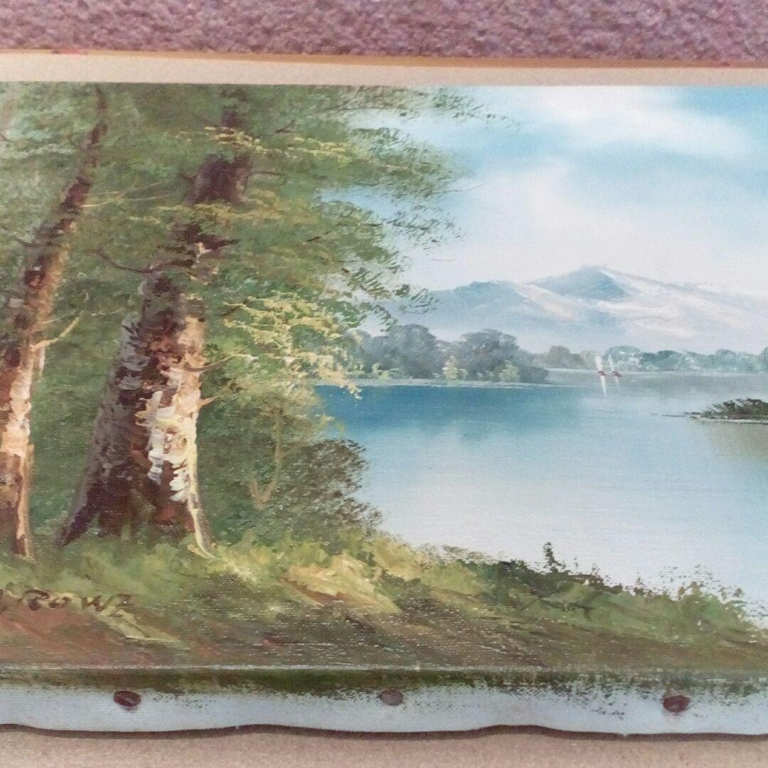 油絵額装湖畔と森林山景色図柄作者不詳昭和レトロ５４✕４５✕５サイズ品