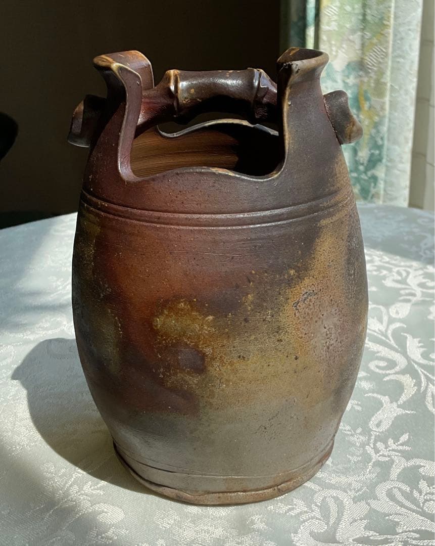 【新品】備前焼　五郎辺衛　手桶花入れ　花瓶 置物 骨董品 手付花入 飾物