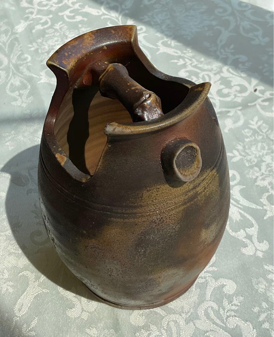 【新品】備前焼　五郎辺衛　手桶花入れ　花瓶 置物 骨董品 手付花入 飾物