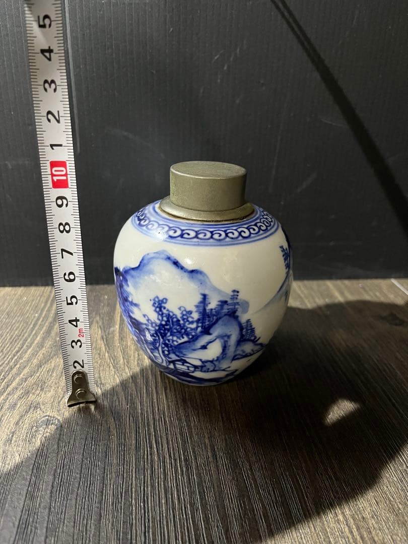 【骨董】呉祥瑞造 染付山水文 茶心壺 真鍮蓋 茶道具 煎茶道具 時代物