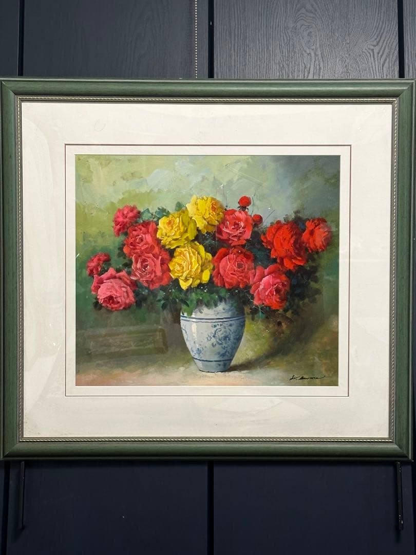 バラの花瓶 大型絵画 サイン入り　インテリア　美術品　静物画　デザイン額縁